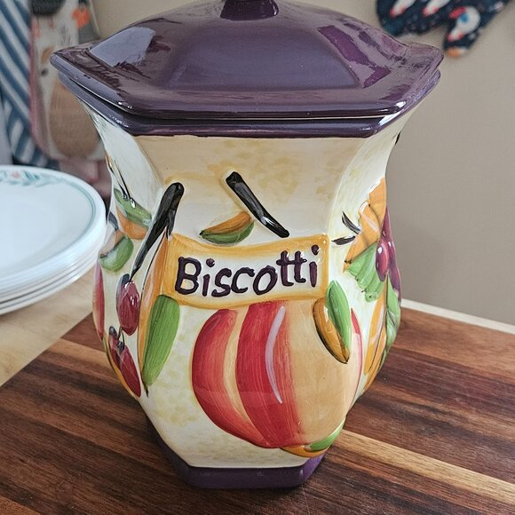 Nonnies hand painted ceramic cookie jar with purple top fruit motif - Picture 2 of 13